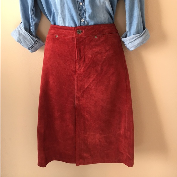 Vintage Gap Burnt Red Brick Genuine Leather Slit Pencil Skirt Satin Lined - Picture 2 of 4